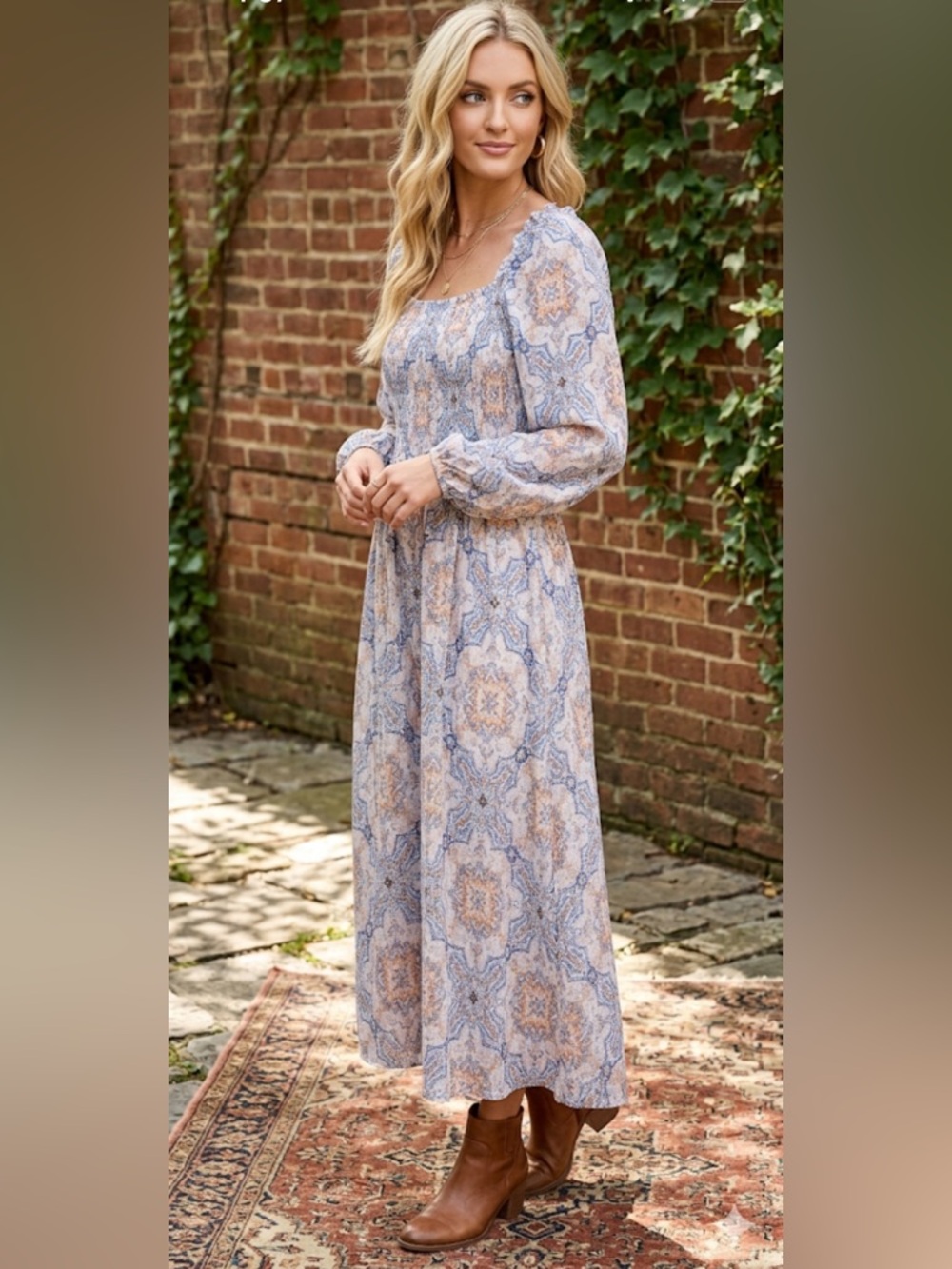 NWOT!! Smocked Waist Midi/ Maxi Dress in Blue & Cream